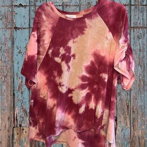 Umgee Burgundy and Pink Tie-Dye Short Sleeve Tee